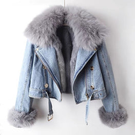 Detachable Fox Rabbit Fur Liner Denim Coat