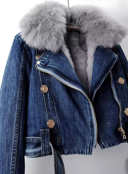 Detachable Fox Rabbit Fur Liner Denim Coat