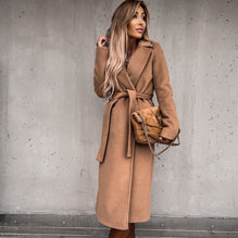 Woolen V-neck Lace-Up Long Coat for Women